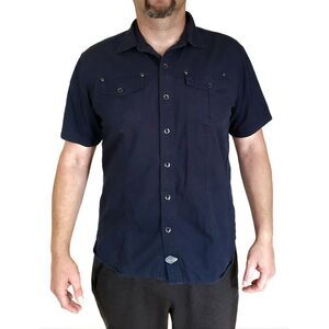 MERRELL navy blue button front down short sleeve pocket casual outdoorsy shirt L
